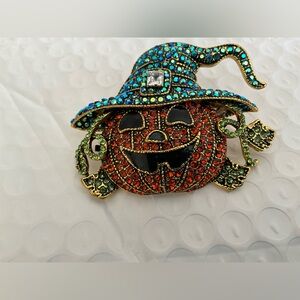 Crystal Jack-O-Lantern Brooch Pumpkin Pin Witch Hat Halloween Designer Style